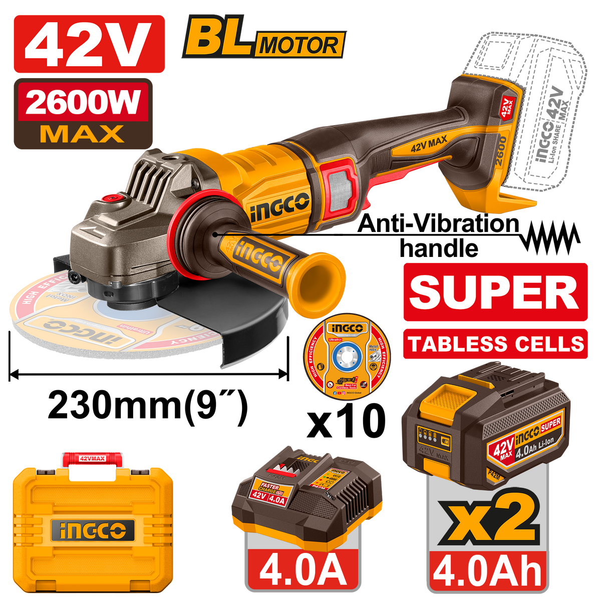 42V PS+C/L B/L A/GRIND 2600W 230MM T/LESS KIT BMC