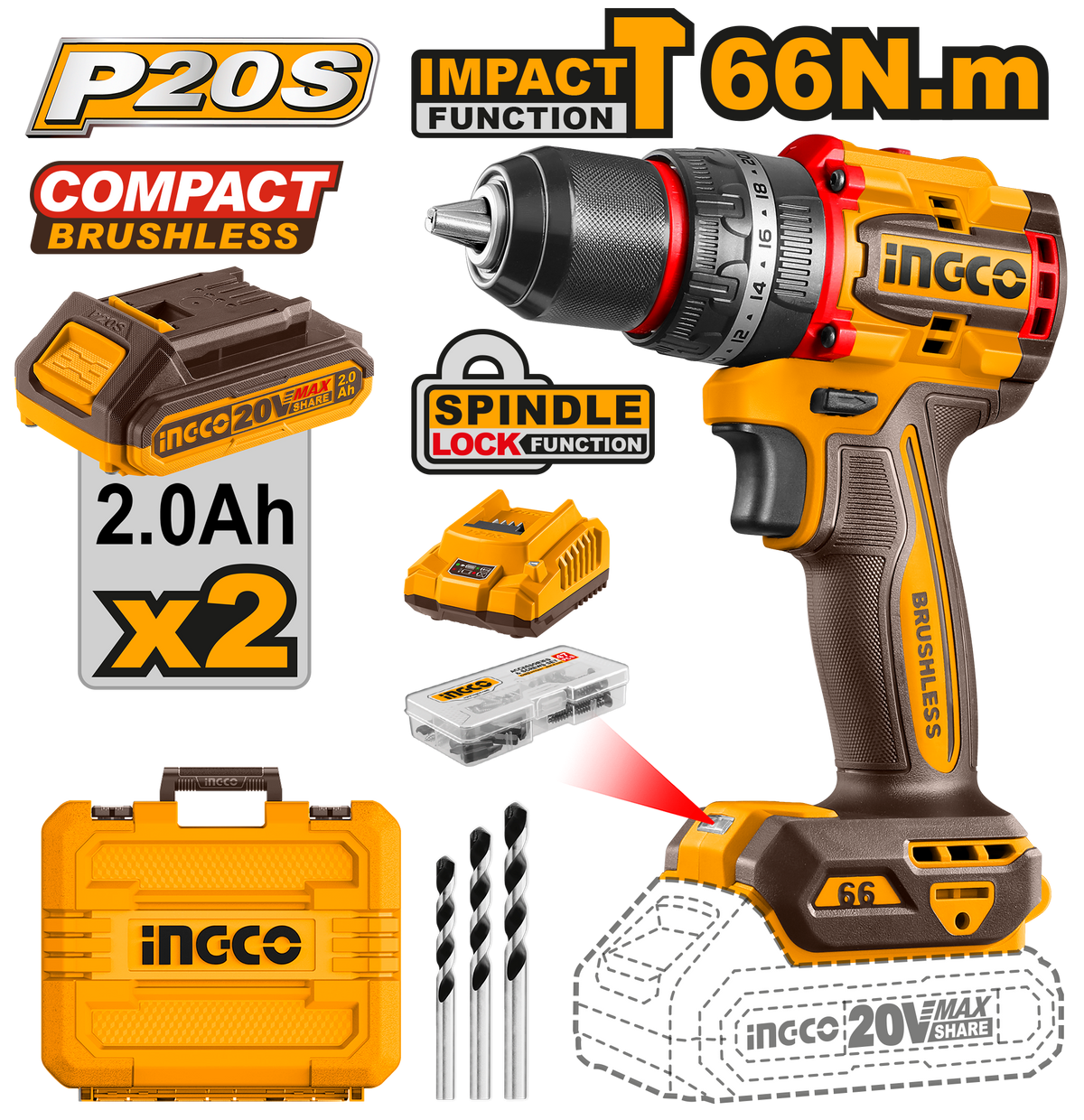20V PA+C/L B/L IMPACT DRILL 66NM KIT +ACC