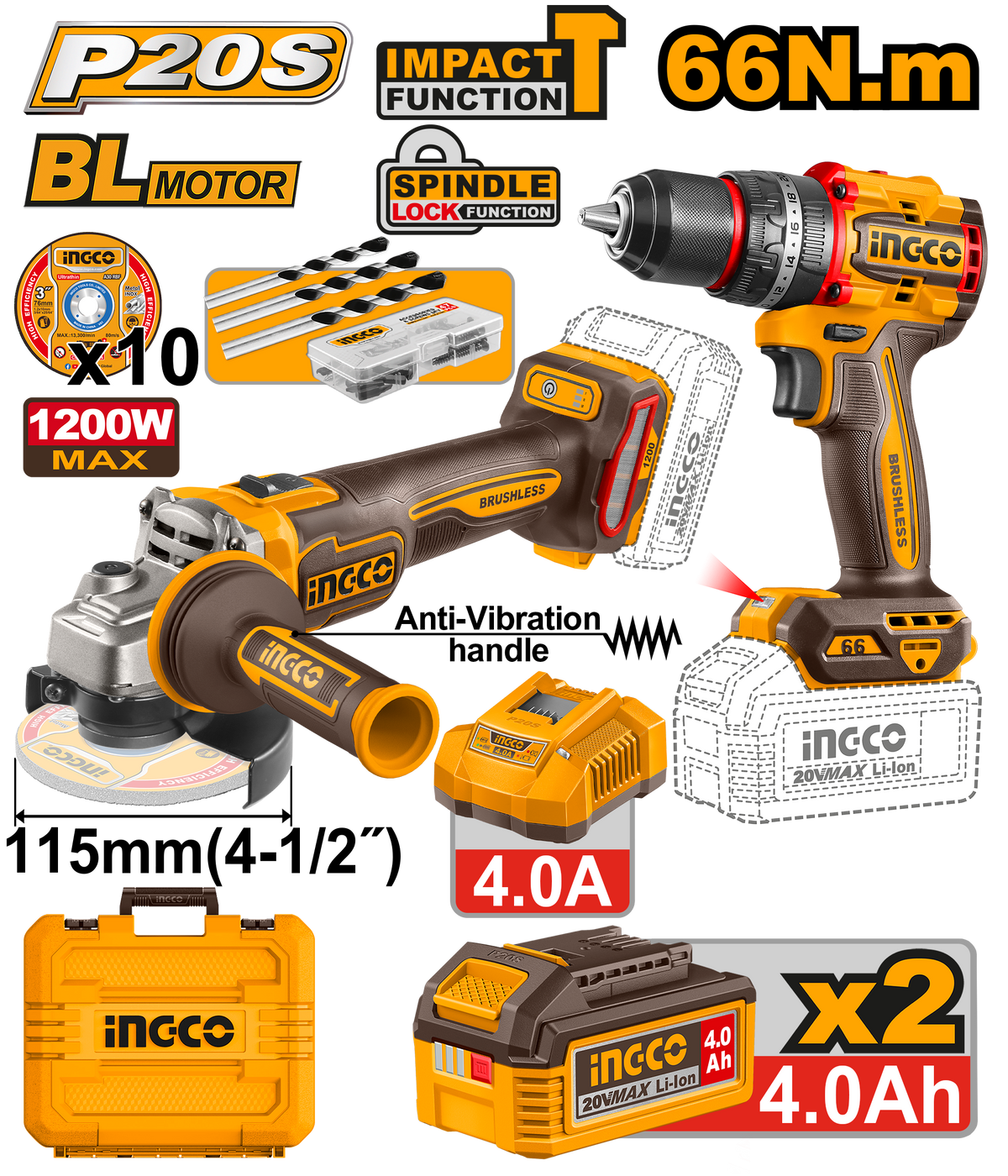 20V PS+C/L DRILL ANGLE GRINDER COMBO 2PCS