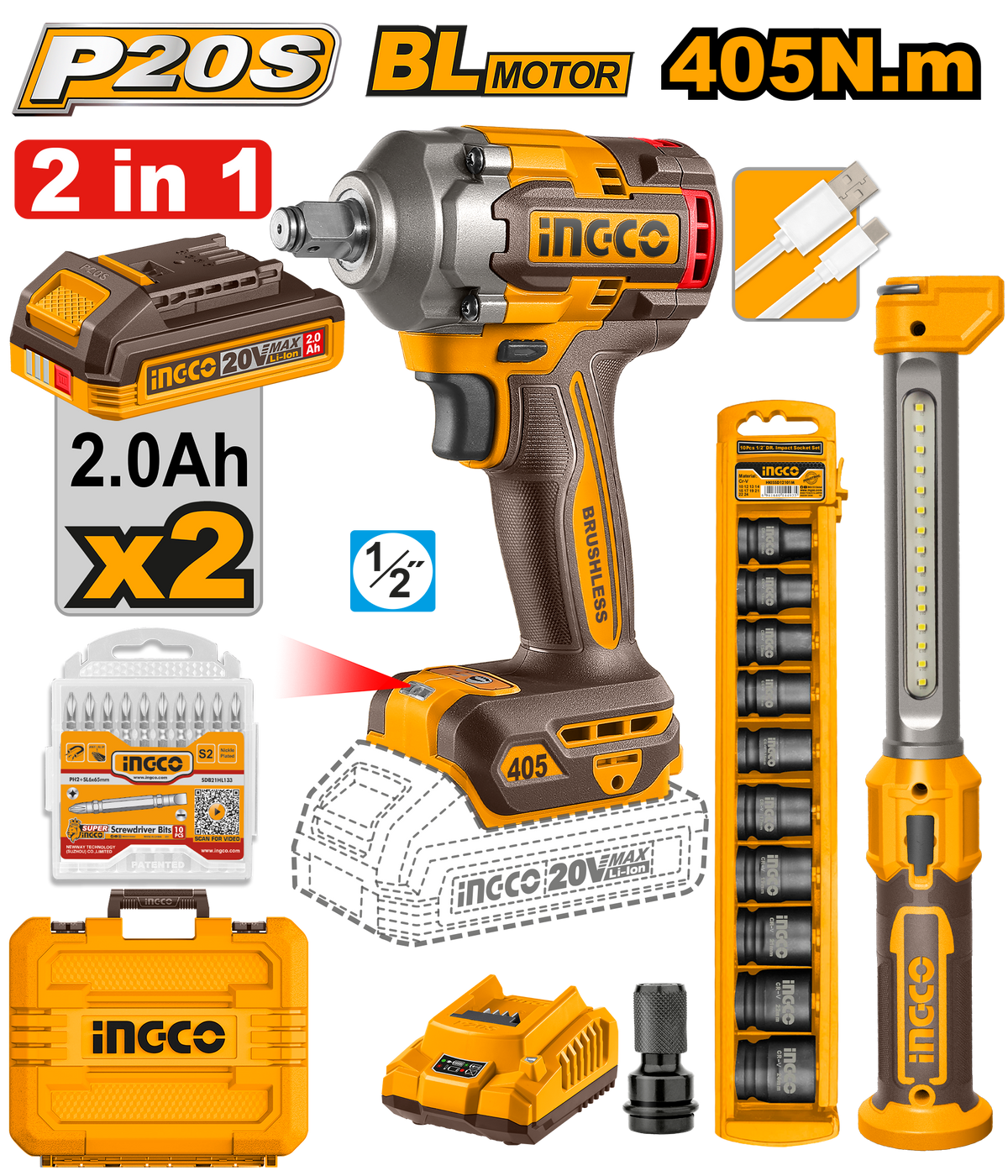 20V PS+C/L COMBO IND I/W + LAMP 405NM 2PCSS KIT BM