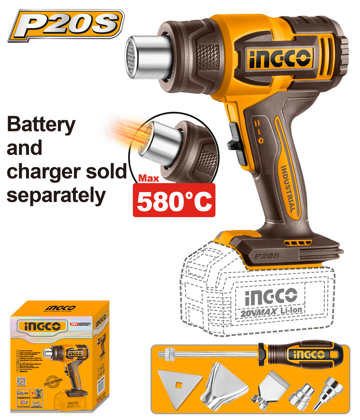 20V PS+C/L HEAT GUN 580 DEGREE +ACC 5PCS NO B/C