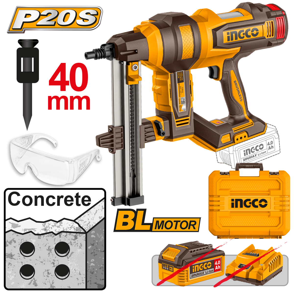 20V PS+C/L B/L CONCRETE NAILER 15-40MM