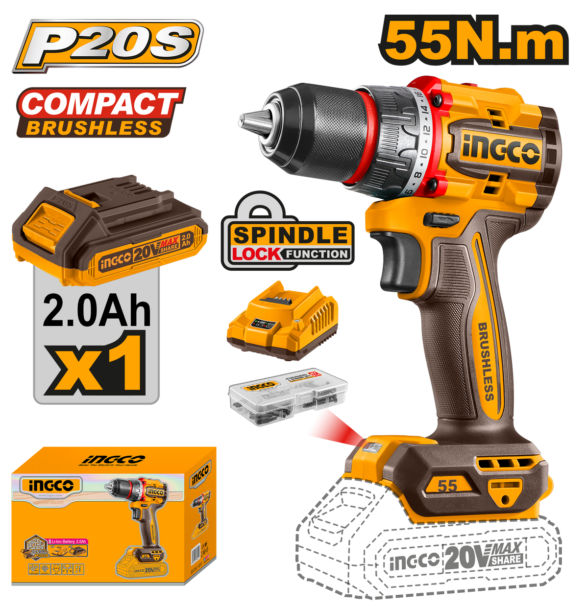 INGCO CORDLESS DRILL B/LESS 55NM 20V 1x BATT KIT