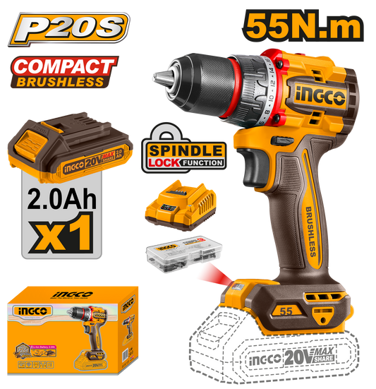 INGCO CORDLESS DRILL B/LESS 55NM 20V 1x BATT KIT