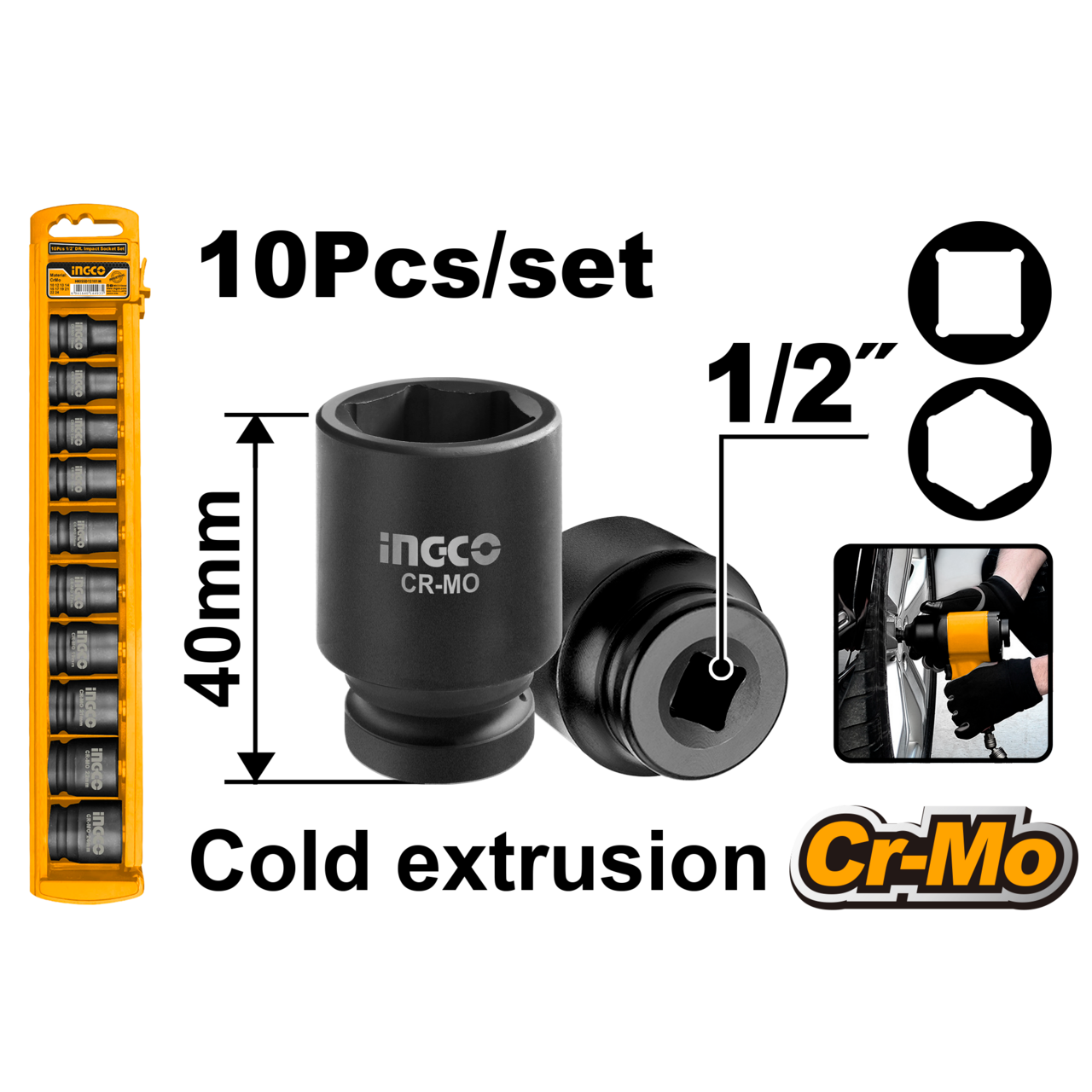 IMPACT SOCKET SET 1/2" 10PC