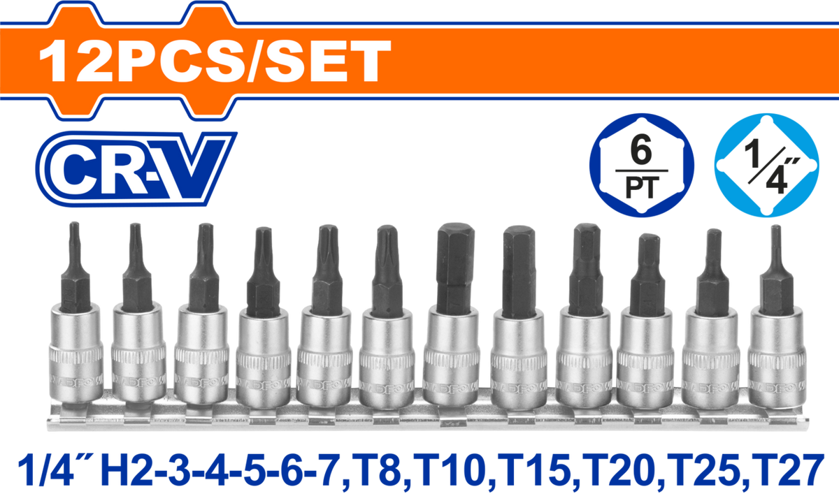SOCKET BIT SET CR-V 1/4 12PCS